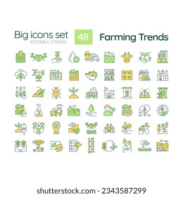 Farming trends RGB color icons set. Agriculture technology. Food security. Climate change. Soil health. Isolated vector illustrations. Simple filled line drawings collection. Editable stroke