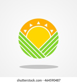 Farming type logo template sunrise in the middle of green field design illustration