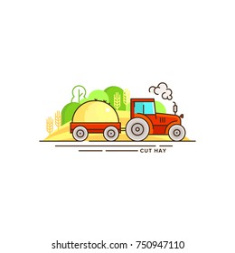Farming vector flat illustration in linear design. The tractor with cut hay and farm landscape isolated on white background. Eco farming icon, logo flat vector concept stock vector