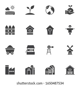 Farming vector icons set, modern solid symbol collection, filled style pictogram pack. Signs, logo illustration. Set includes icons as windmill, warehouse, field, growing plant, earth globe, factory