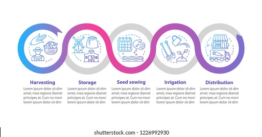 Farming vector infographic template. Agriculture. Business presentation design elements. Data visualization with five steps and options. Agricultural process chart. Workflow layout with linear icons