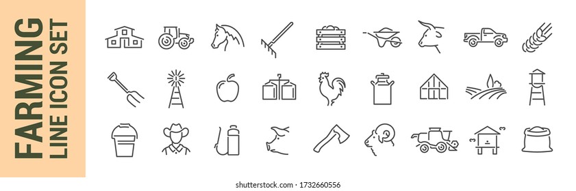 Farming vector isolated line icon set. Agricultural machinery & tools. Fruits & animals. Collection