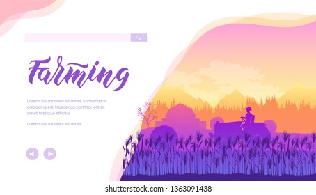 Farming vector landing page template. Farmers market products online store website. Seasonal harvest, crop. Agriculture, horticulture flat minimal illustration. Tractor working in field