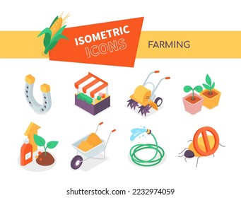 Farming and village life - modern colorful isometric icons set. Potted seedlings, corn cob, insect protection, organic food market, wheelbarrow, hose, plow machine. Gardening and cultivation idea