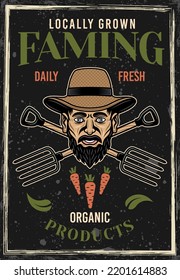 Farming vintage colored poster with farmer head in straw hat and crossed forks. Vector illustration with grunge textures and text on separate layers
