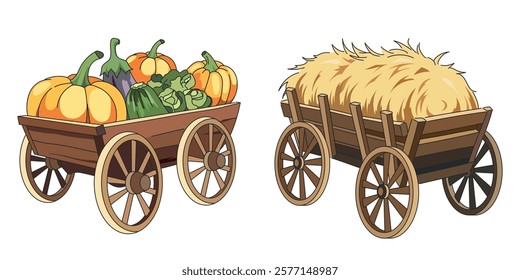 Farming wagons with harvest. Wooden carts, organic products, hay wain, vegetables in wheelbarrow, laden garden carriages, countryside transport cartoon flat style isolated vector set