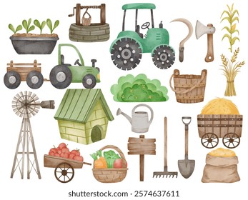 Farming Watercolor Clipart Collection with Agriculture Elements - Green Tractor, Vegetables, Windmill, Tools, Haystack, and Farming Supplies for Rustic Farmhouse Decor and Agriculture-Themed Designs