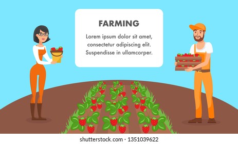 Farming Web Banner Vector Template with Text Space. Woman with Bucket of Strawberries. Man Holding Wooden Box of Berries. Ripe Seasonal Harvest Plantation. Gardeners Cartoon Characters