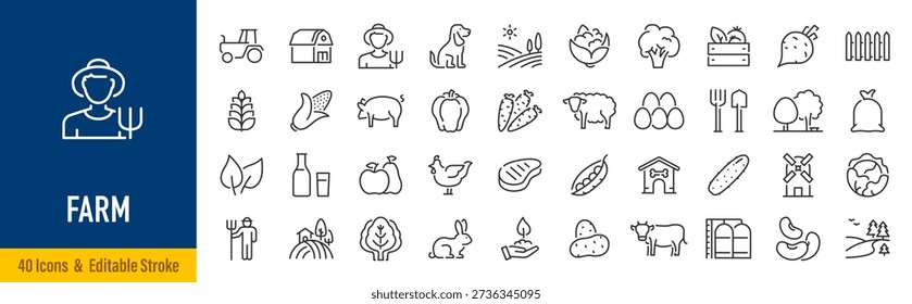 Farming web icons in line style. Agriculture, planting, fertilizer, vegetables, tractor, farmers, fence, farm buildings, collection. Editable stroke. Vector illustration.