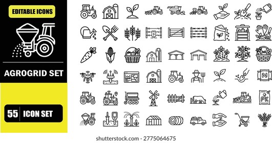 Farming Web Icons Line Style Icon Set – Agriculture, Planting, Fertilizer, Vegetables, Tractor, Farmers, Fencing and Farm Buildings Symbols Line Icons – Thin Line Editable Stroke Vector Illustration for UI UX, Web, App and Smart Agriculture Dashboard Design