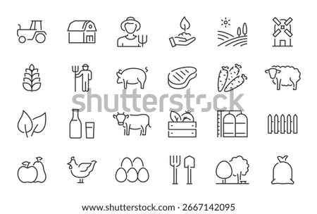 Farming web icons in line style. Agriculture, planting, fertilizer, vegetables, tractor, farmers, fence, farm buildings, collection. Vector illustration.