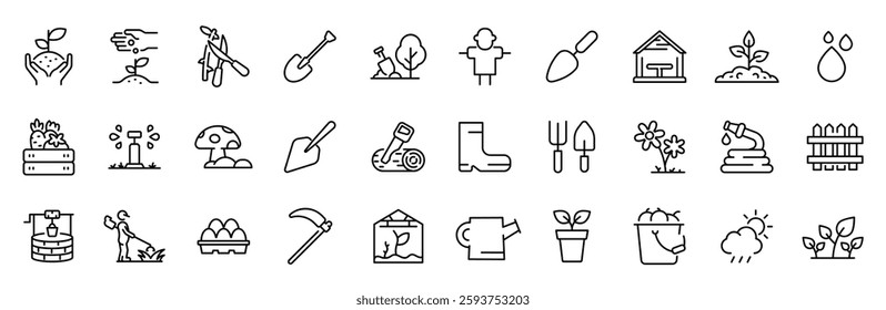 Farming web line icons. Garden. Containing plant, flowers, trees, watering can, fence, cultivate and gardening icons. Vector illustration