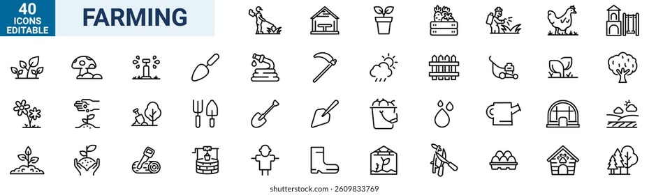 Farming web line icons. Garden. Containing plant, flowers, trees, watering can, fence, cultivate and gardening icons. Vector illustration