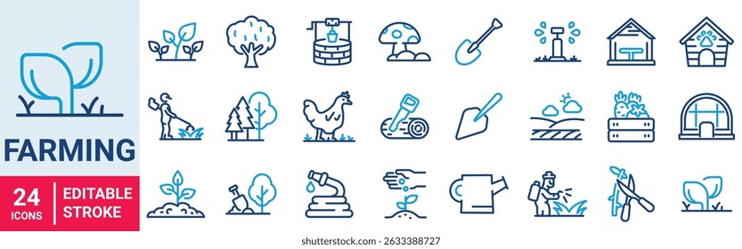Farming web line icons. Garden. Containing plant, flowers, trees, watering can, fence, cultivate and gardening icons. Vector illustration