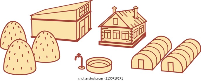 Cultivo, bueno, graneros, granero, mascotas, casa de madera, casa ecológica, casa en la naturaleza. Ilustración vectorial en estilo plano y de línea aislada en fondo blanco. Para afiches, tarjetas y pancartas.