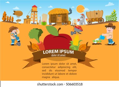 Farming. Farming. Wild West game background. 19th century illustration in cartoon style.