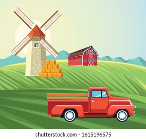 farming windmill barn pickup and bales of hay field vector illustration