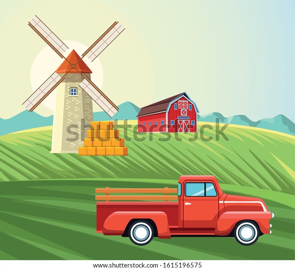farming windmill barn pickup and bales of
hay field vector
illustration