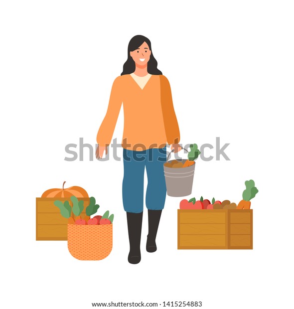 Farming Woman Harvesting Vector Farmer Carrying Stock Vector (Royalty ...