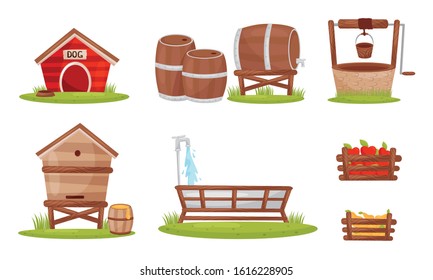 Farming Wooden Stuff with Barrels and Hive Vector Set