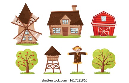 Farming Wooden Stuff with Flouring Mill and Farm House Vector Set