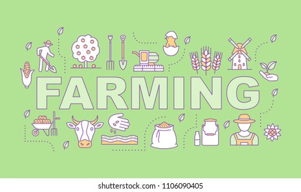 Farming word concepts banner. Agriculture. Agricultural sector. Isolated lettering typography idea with linear icons. Grain, livestock, poultry farming. Vector outline illustration