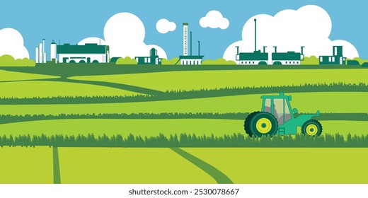 Farmland with agricultural machinery, fields, and farm buildings.
