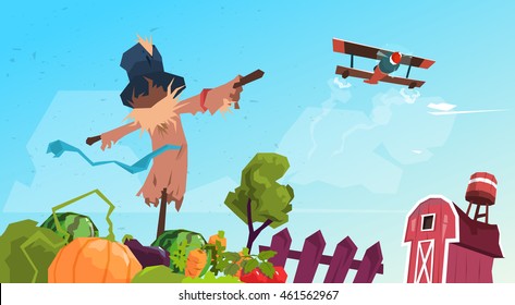 Farmland Countryside Landscape With Scarecrow Flat Vector Illustration