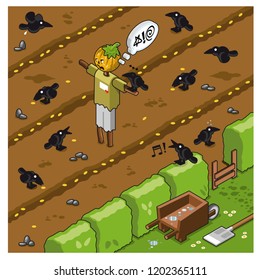 Farmland with cursing scarecrow surrounded by crows picking grains (vector illustration)