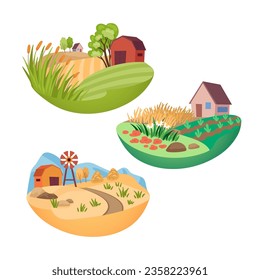 Farmland during different seasons vector illustrations set. Countryside houses or farms with fields, corn and flowers in spring, summer and autumn. Nature, farming, harvest concept