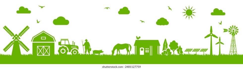 La vida ecológica de las tierras agrícolas. Pago rural. Conjunto de Vector de silueta de vida de granja. 