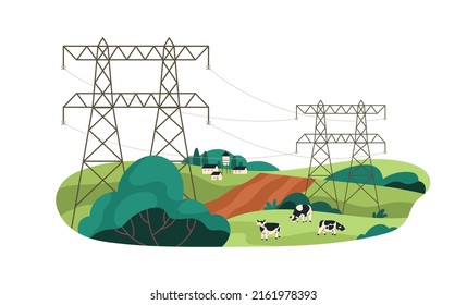 Farmland with electric power lines and cows grazing. Pasture, high voltage towers and cables tansmitting electricity to remote country. Flat graphic vector illustration isolated on white background