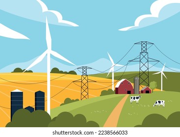 Farmland with electric power lines. Metaphor of alternative energy source. Farming and agriculture, rural landscape and village. Poster or banner for website. Cartoon flat vector illustration