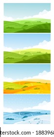 Farmland Fields On Hills, Forest On Horizon In Summer Spring Autumn Winter Background. Nature Landscape In Different Seasons Vector Illustration Set. Cartoon Panoramic Countryside Natural Scenery