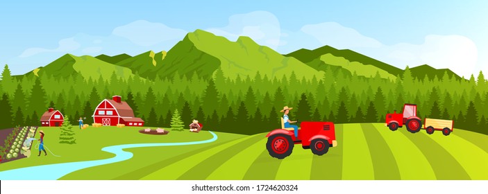 Farmland flat color vector illustration. Filed and plantation rural landscape. Vegetables cultivation and harvesting. Farmers 2D cartoon character with coniferous forest and mountains on background