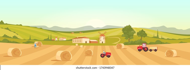 Farmland Flat Color Vector Illustration. Village 2D Cartoon Landscape With Green Hills On Background. Harvesting Season. Farmers Collecting Ripe Crops. Italian Farm With Windmills And Tractors