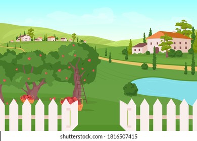 Farmland flat color vector illustration. Apple tree harvest. Summer crop. Residence on hills. Countryside farmhouse. Rural dwelling. Village 2D cartoon landscape with nature on background