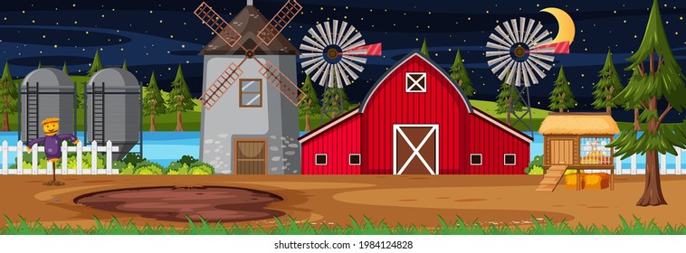 Farmland horizontal scene with barn and windmill at night time illustration