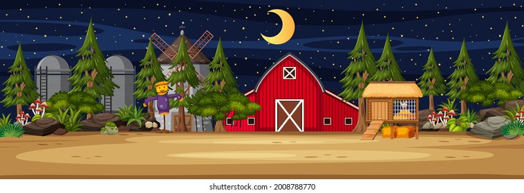 Farmland horizontal scene with barn and windmill at night time illustration