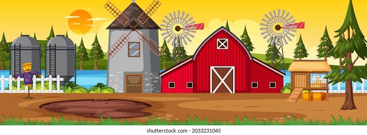 Farmland horizontal scene with barn and windmill at sunset time illustration
