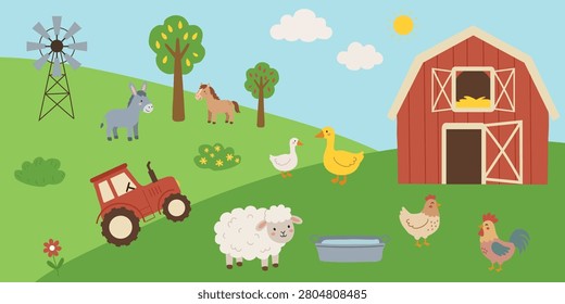 Farmland landscape background featuring a red barn, agricultural tractor, windmill, and grazing livestock. Includes a sheep, chicken, rooster, duck, goose, horse, and donkey on green rolling hills. The countryside scene is detailed with a water trough, sunflowers, trees, clouds, and a yellow sun.