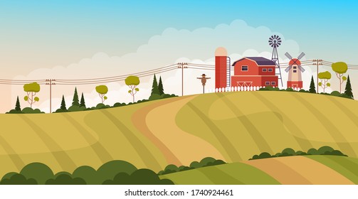 Farmland landscape countryside concept. Vector flat cartoon graphic design illustration