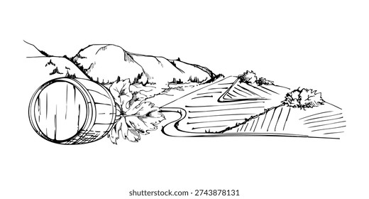 Farmland landscape featuring patchwork fields and mountain silhouettes, orchard, brewery or winery barrel and leaf closeup. Ink vector illustration, isolated. Eco travel visuals, branding materials.