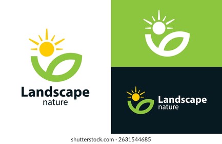 Farmland landscape logo design. Abstract Farm food badge vector design with Sun graphic icon symbol