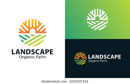 Farmland landscape logo design. Abstract Farm food badge vector design with Sun graphic icon symbol