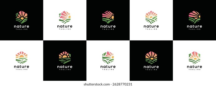 Farmland landscape logo design collection. Hexagon farmland landscape logo template. Farm logo symbol icon