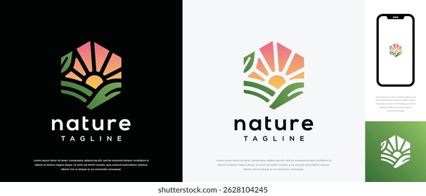 farmland landscape logo design. Hexagon farmland landscape logo template. Farm logo symbol icon