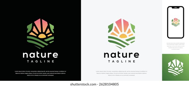 farmland landscape logo design. Hexagon farmland landscape logo template. Farm logo symbol icon