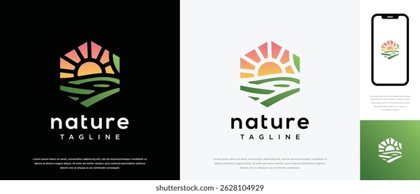 farmland landscape logo design. Hexagon farmland landscape logo template. Farm logo symbol icon