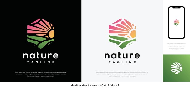 farmland landscape logo design. Hexagon farmland landscape logo template. Farm logo symbol icon